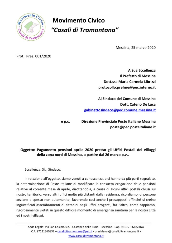 Inviata Al Prefetto Ed Al Sindaco Di Messina Una Nota Via Pec Relativa Ai Disservizi Di Poste Italiane Per Il Pagamento Delle Pensioni Di Aprile 2020 Movimento Civico Casali Di Tramontana